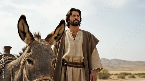 Man with a donkey on a desert road, biblical times, old testament, jewish people, ancient israel journey footage.
