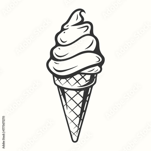 An ice cream cone showing a swirl of tasty frozen treat in monochrome
