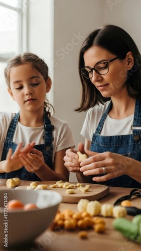 Woman and a girl wearing denim aprons making potato gnocchi pasta together in the kitchen, Thanksgiving Day food preparation footage.