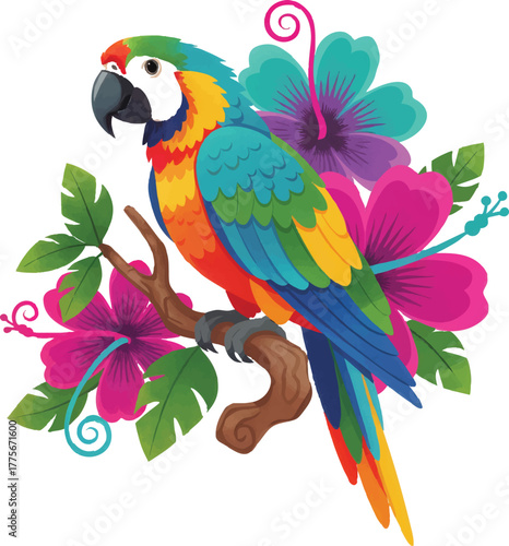 A colorful vector illustration of a tropical parrot perched on a branch