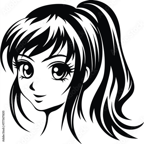 Anime girl with a gentle smile and black flowing hair looks forward attentively