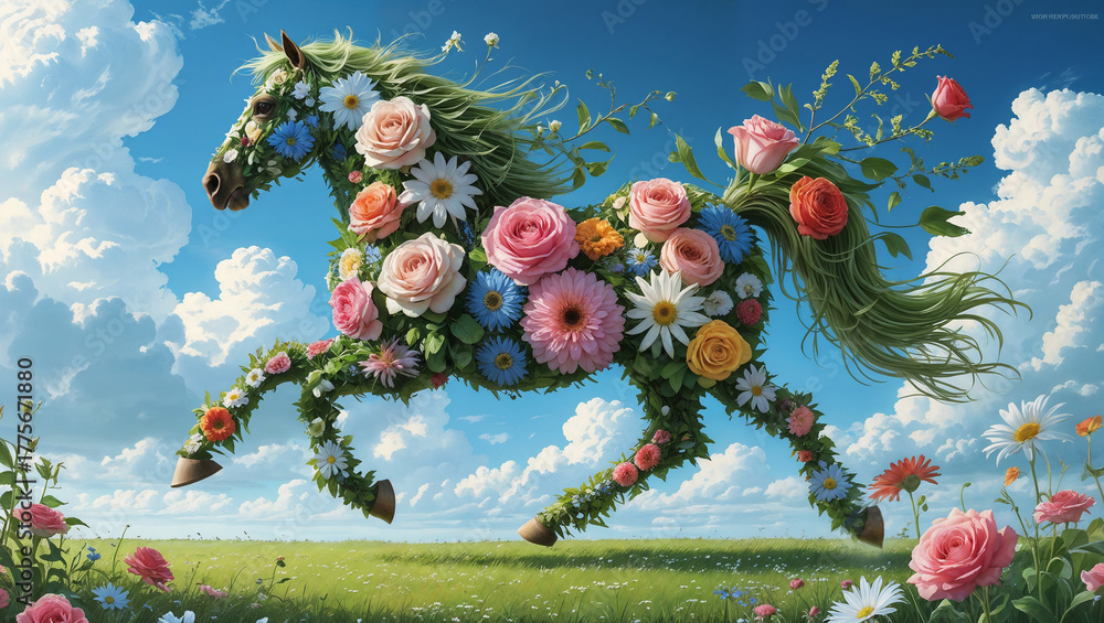 Obraz premium Beautiful horse made of flowers running in green meadow under blue sky, colorful and serene illustration.