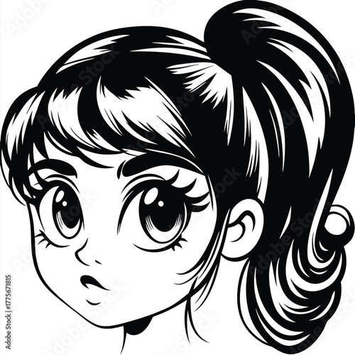Anime girl portrait with big eyes and ponytail displays monochrome manga style perfectly