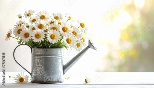 Rustic Watering Can Vase with Colorful Daisy Arrangement on White Background