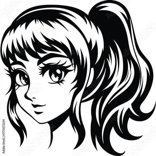 Anime girl's face, with styled hair in a high ponytail, looks directly forward