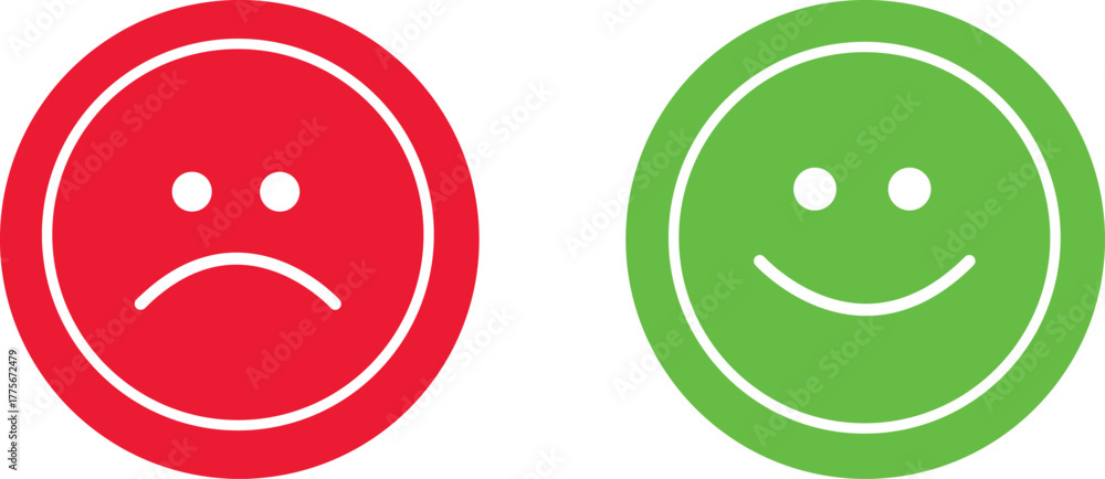 Fototapeta premium Red sad face and green happy face icons signal opposite emotions clearly