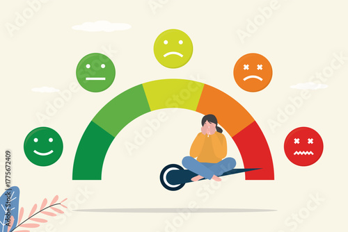 Stress level meter, scale emotions, mood. Unhappy girl crying, covering her face. Woman sitting on arrow. Frustration and stress, emotional overload, burnout, overworking,