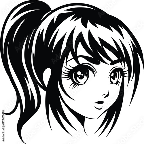Anime style girl's face with long lashes and ponytail appears outlined in black