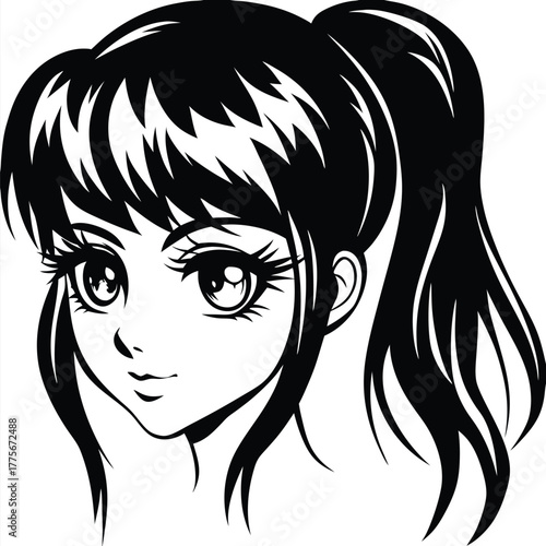 Anime styled girl portrait shows classic manga eyes and a youthful ponytail