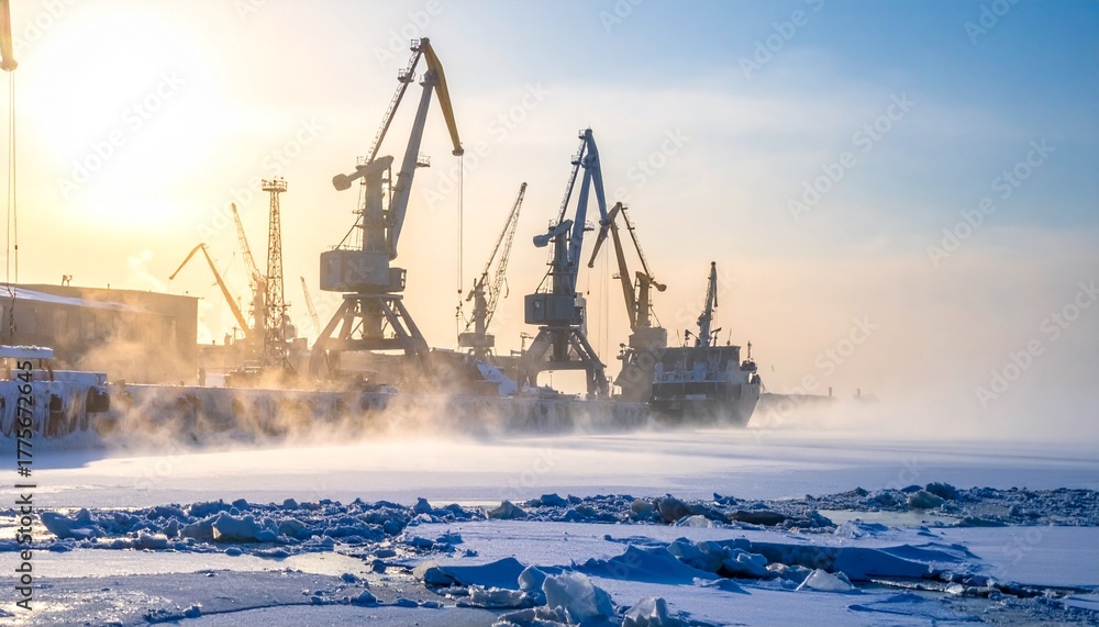 Obraz premium Arctic Shipyard Dry Dock With Ice and Low-Angle Blue Light
