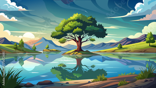 Very beautiful view of Wilson State Park, Kansas, USA, showing a solitary tree emerging from calm lake water, reflecting the sky and creating a tranquil, mirror-like natural scene.