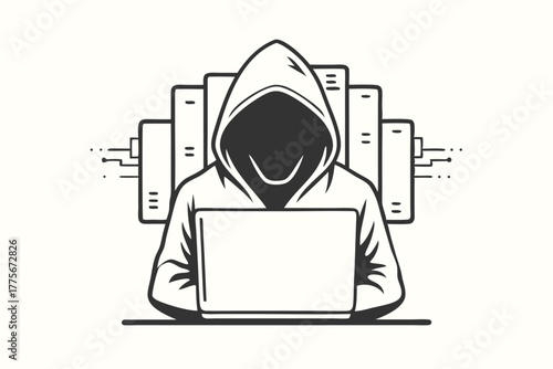 Anonymous figure uses laptop before servers, showcasing digital security measures and internet protocols