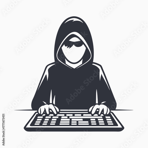 Anonymous hooded person types on a keyboard with both hands quickly and efficiently