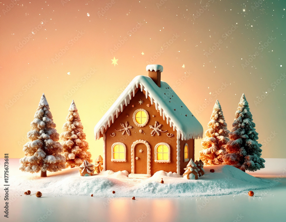 Naklejka premium Glowing gingerbread house in snowy winter landscape with frosted trees