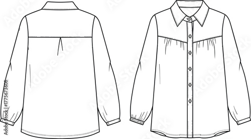 Women's formal long-sleeve button-down shirt vector technical sketch drawing with gathered yoke and basic button cuffs, apparel flat template CAD.