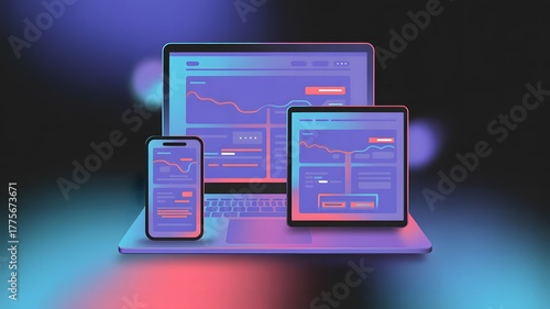 Modern digital devices displaying data and charts with neon lighting