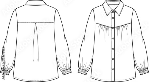 Women's fashion long-sleeve button-up blouse vector technical sketch drawing with pleated yoke and gathered cuffs, apparel flat template CAD mockup\.