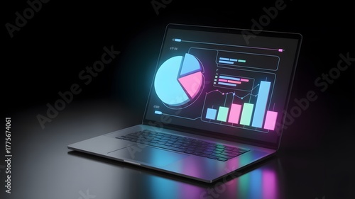 Laptop displaying glowing digital financial charts and graphs with neon lighting