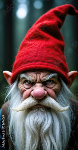 A grumpy gnome with a long white beard, pink nose, and large red pointed hat glares intensely at the camera from a blurry forest background.
