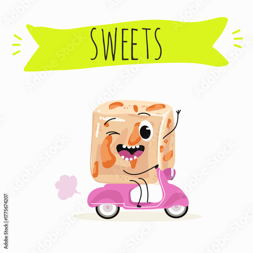 Tasty nougat, turkish delight, Halva confection, funny characters, hand drawn vector illustration.