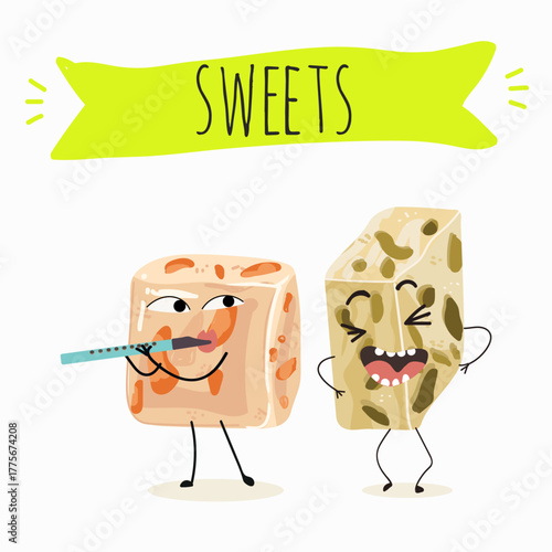 Tasty nougat, turkish delight, Halva confection, funny characters, hand drawn vector illustration.