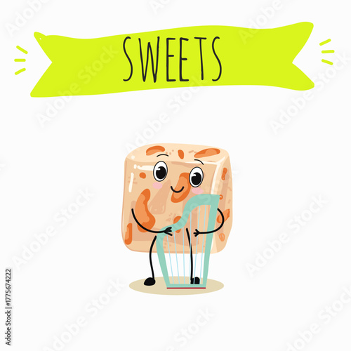 Tasty nougat, turkish delight, Halva confection, funny characters, hand drawn vector illustration.