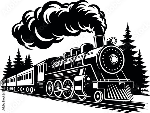 A vintage steam train travels through a pine forest on a clear day.