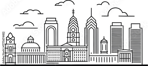 The iconic skyline of Philadelphia, Pennsylvania, is depicted in this line art illustration.