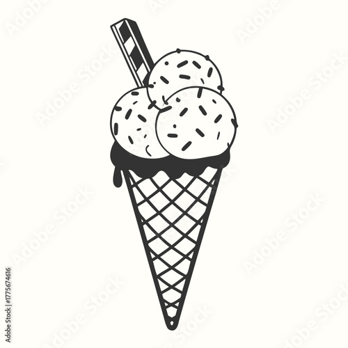 Black and white cone holds scoops of ice cream topped with wafer stick