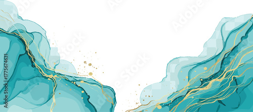 Luxurious Abstract Watercolor Background with Flowing Teal and Golden Ink Textures, Capturing Elegant Fluid Dynamics and Modern Artistic Sophistication for Premium Design Projects
