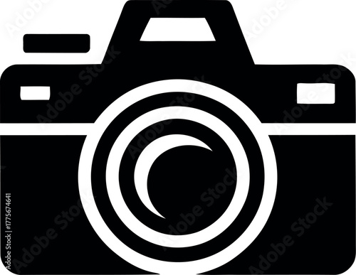 A black and white graphic illustration of a camera lens.