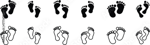 Footprint and shoe print icon set, collection, and group in black flat and line style, including barefoot, boot, sneaker, trail, and walking track symbols, perfect outline and silhouette vector