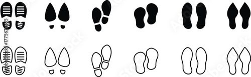 Footprint and shoe print icon set, collection, and group in black flat and line style, including barefoot, boot, sneaker, trail, and walking track symbols, perfect outline and silhouette vector