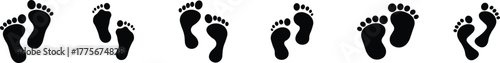 Footprint and shoe print icon set, collection, and group in black flat style, including barefoot, boot, sneaker, trail, and walking track symbols, perfect outline and silhouette vector