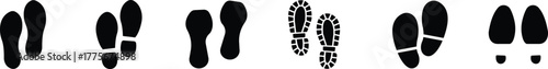 Footprint and shoe print icon set, collection, and group in black flat style, including barefoot, boot, sneaker, trail, and walking track symbols, perfect outline and silhouette vector