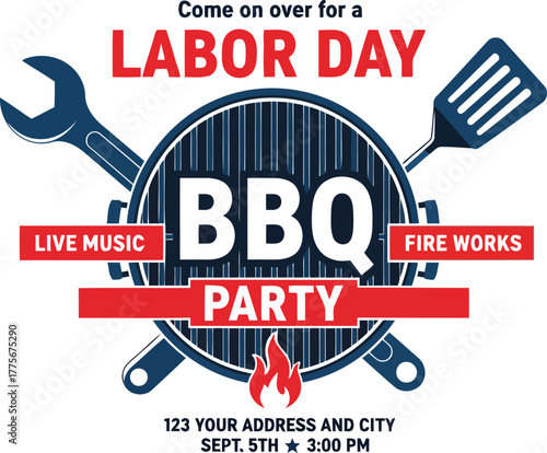 Labor day bbq party invitation with tools and fire graphics