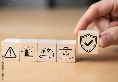 Work safety and compliance concept. Wooden cube blocks with icon of safety at workplace. Safety first, protections, health, regulations and compliance. Safety in working process. Zero accidents