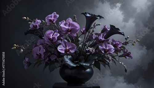 Gothic floral still life, black calla lilies, amethyst orchids, smoky grey background, ethereal lighting, oil-paint texture, luxury minimalism