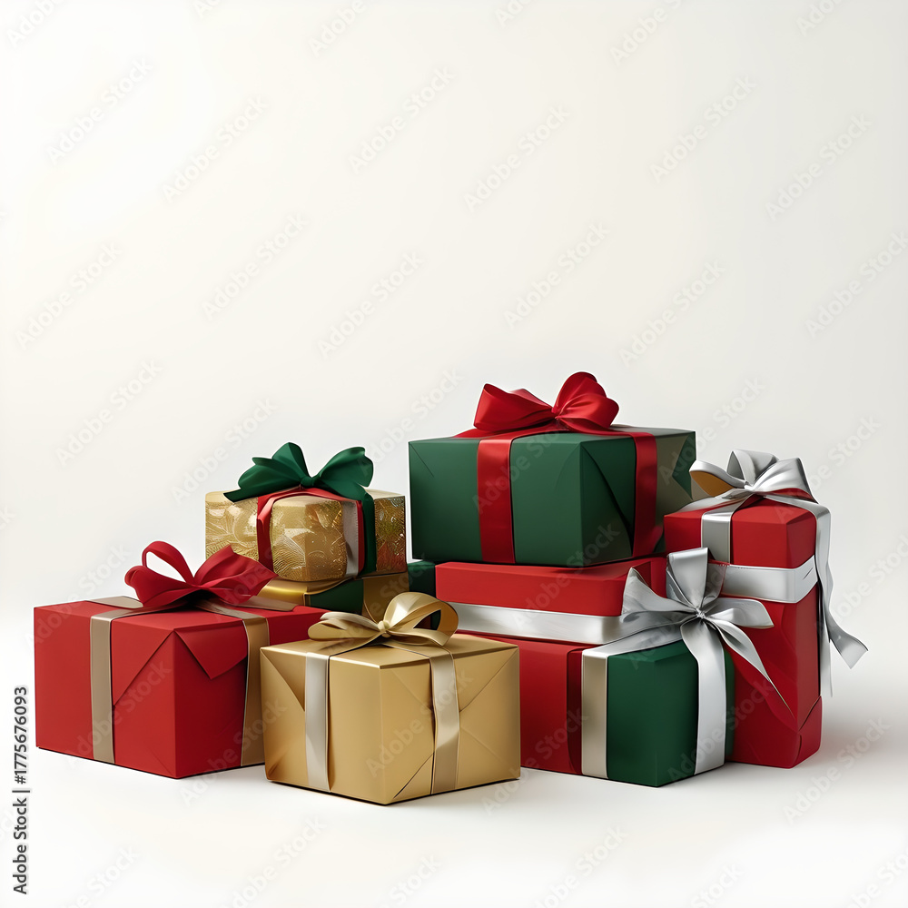 Obraz premium Classic Holiday Gift Pile: Large stack of Christmas presents wrapped in red, green, and gold with elegant ribbons, isolated on a clean white background