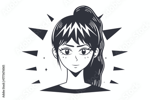 Black and white illustration features a pretty animestyled girl with a ponytail gazing forward