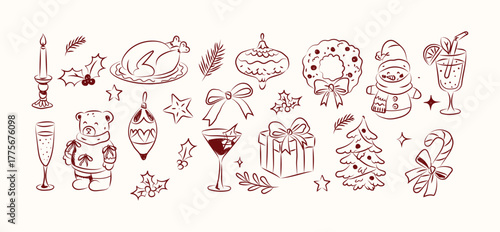 Vintage Christmas Food and Drinks Clipart Set Hand Drawn One Line Illustrations