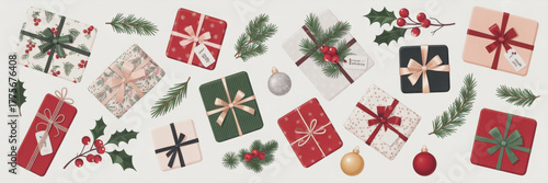 Merry christmas and happy new year element vector. Collection drawing of holly berry plant, flower, gift, christmas bauble ball, pine leaves. Design suitable for banner, invitation, decoration.