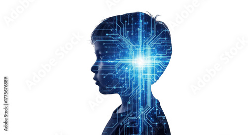 Silhouette of a childs head with digital circuit brain isolated on transparent background