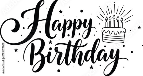 Happy birthday calligraphy with cake and candles illustration