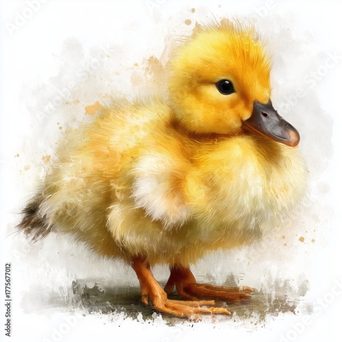 Adorable fluffy yellow duckling standing on white background