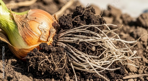 Freshly Harvested Bulb Onion Displaying Roots and Soil, Macro, Organic