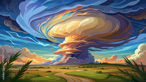 Very beautiful supercell thunderstorm forming over Tornado Alley in Kansas, USA, with dramatic rotating cloud formations, flashes of lightning, and vast open prairie landscape beneath a turbulent sky.