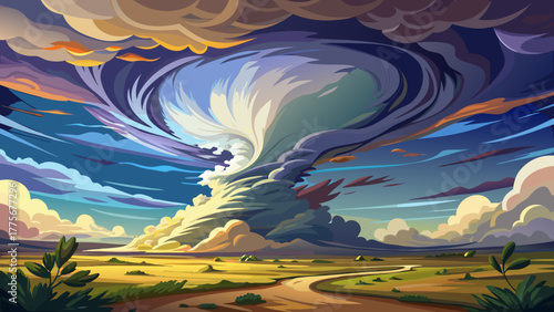 Very beautiful supercell thunderstorm forming over Tornado Alley in Kansas, USA, with dramatic rotating cloud formations, flashes of lightning, and vast open prairie landscape beneath a turbulent sky.