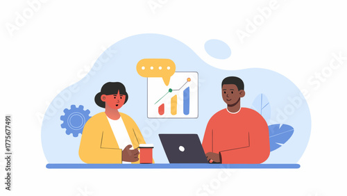 Diverse business professionals collaborating on a project discussing financial growth charts and data analysis using a laptop computer in a modern office setting