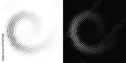 Halftone Circular Dot Pattern. Circle Frame using Halftone Dots Raster Texture. Polka Dots. Spiral logo Icon. Radial design element. Vector Illustration.